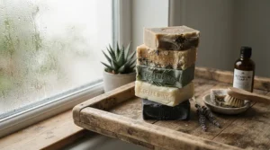 A neat display of top shea butter soap bars on a wooden tray beside a window during a snowy Canadian winter day.
