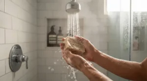A lathered bar from the top shea butter soap bars collection held under a gentle stream of warm shower water.