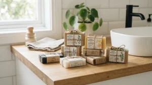 Eco-friendly packaging for top shea butter soap bars displayed on a clean wooden countertop.