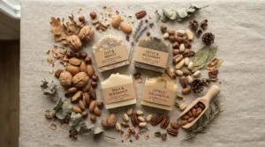A flat lay image featuring top shea butter soap bars surrounded by raw shea nuts and dried botanicals.