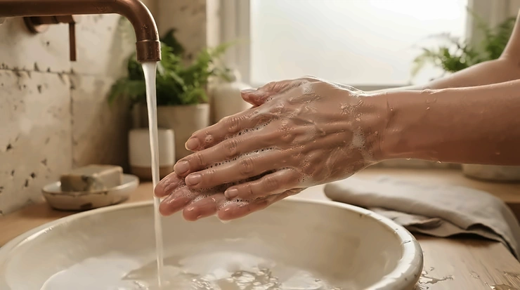 A person gently washing their hands with one of the top shea butter soap bars in a spa-like setting.