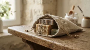 Top shea butter soap bars stored in a breathable linen pouch to showcase proper shelf life maintenance.